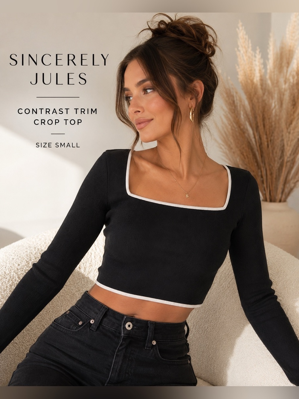 Sincerely Jules Black & White Contrast Trim Cropped Long Sleeve Top Size Small